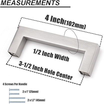 Probrico 10 Pack|Sqaure Kitchen Cabinet Pulls 3-1/2 inch Hole Center, Stainless Steel Furniture Cabinet Hardware, Brushed Nickel Cabinet Handles, 4 Inch Total Length