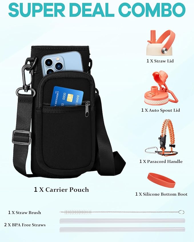 Insulated Water Bottle 32oz with Straw - Pop-up Spout Lid, Paracord Handle, Strap Shoulder Carrier, Protective Boot, Wide Mouth Triple Walled Vacuum Stainless Steel Water Flask for Men Women Gym