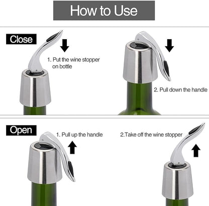 3Pcs Stainless Steel Wine Stoppers, Reusable Wine Bottle Stopper with Silicone Seal, Wine Saver and Decorative Bottle Sealer, Beverage and Wine to Keep Fresh (Silver+Black+Rose Gold）