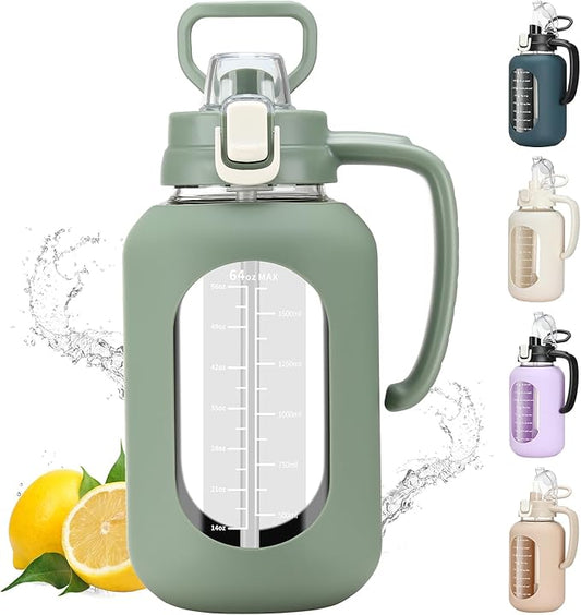 64 oz Glass Water Bolttles Half Gallon Large Motivational Water Bottle with Time Marker Sports Water Bottles with Silicone Sleeve and Handle Lid Water Jug for Gym Workout-1 Pack