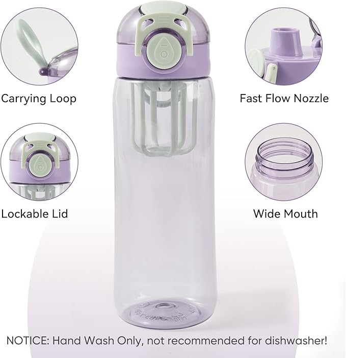 28oz Water Bottle with Fruit Infuser Strainer, BPA-Free Sports Water Bottle, One-Click Clear Water Bottle with Safety Lock for Office, Gym, Outdoors, Purple