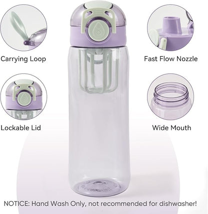 28oz Water Bottle with Fruit Infuser Strainer, BPA-Free Sports Water Bottle, One-Click Clear Water Bottle with Safety Lock for Office, Gym, Outdoors, Purple