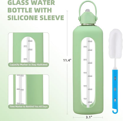 32 oz Glass Water Bottles with Straw Borosilicate Glass Water Bottle with Time Marker Motivational Water Bottles with Silicone Sleeve Leak Proof Reusable BPA Free