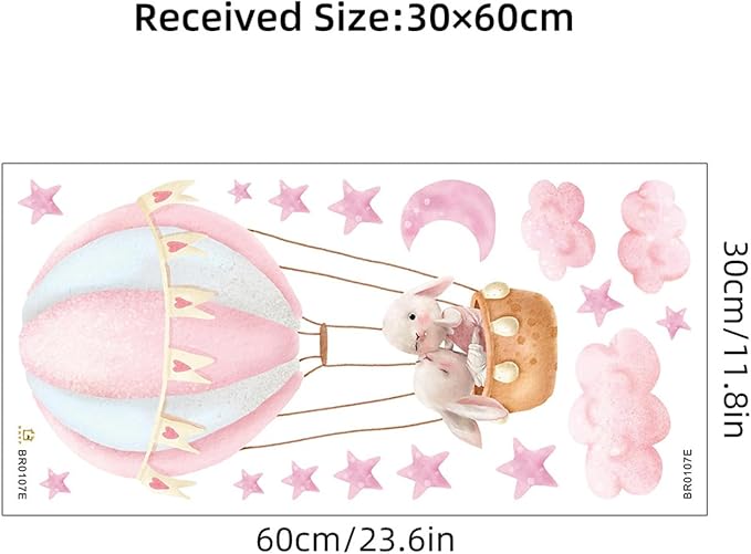 Pink Cloud Hot Air Balloon Rabbit Wall Decal Cute Bunny Moon and Stars Wall Stickers Baby Girls Room Nursery Decor