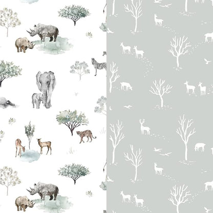 GRSSDER Stretch Ultra Soft Jersey Knit Changing Pad Cover Set 2 Pack, Change Table Pad Covers Fit 32"/34" x 16" Pads Safe and Snug, Pretty Pattern for Boys and Girls, African Savannah Animals