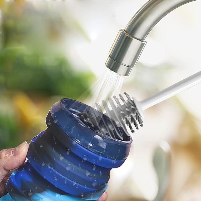 BeHeSo Collapsible Water Bottles with Silicone Brush - Straw Silicone Foldable Water Bottle Reusable Camping Cup Leak Proof Portable Travel Sport Water Bottle-500ml/17oz (Blue Camo)