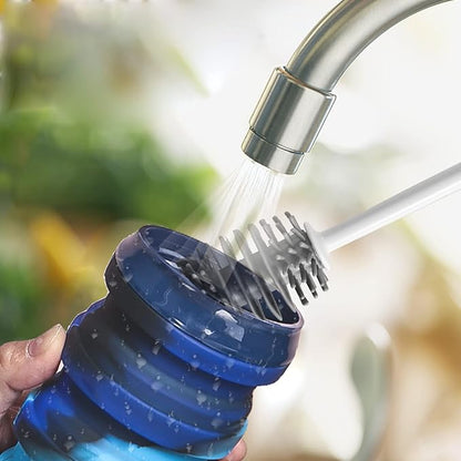 BeHeSo Collapsible Water Bottles with Silicone Brush - Straw Silicone Foldable Water Bottle Reusable Camping Cup Leak Proof Portable Travel Sport Water Bottle-500ml/17oz (Blue Camo)