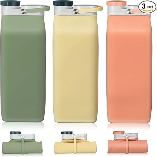 Ctosree 3 Pcs Collapsible Water Bottles 20 oz Foldable Portable Silicone Water Bottle Leak Proof Travel Water Bottle Lightweight Folding Water Bottle for Sports Traveling Hiking
