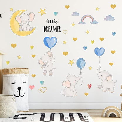 Cartoon Elephant Wall Stickers Moon Stars Balloons Rainbow Wall Decals Cute Animal Wall Decor for Kids Room Bedroom Living Room Wall Background Decor