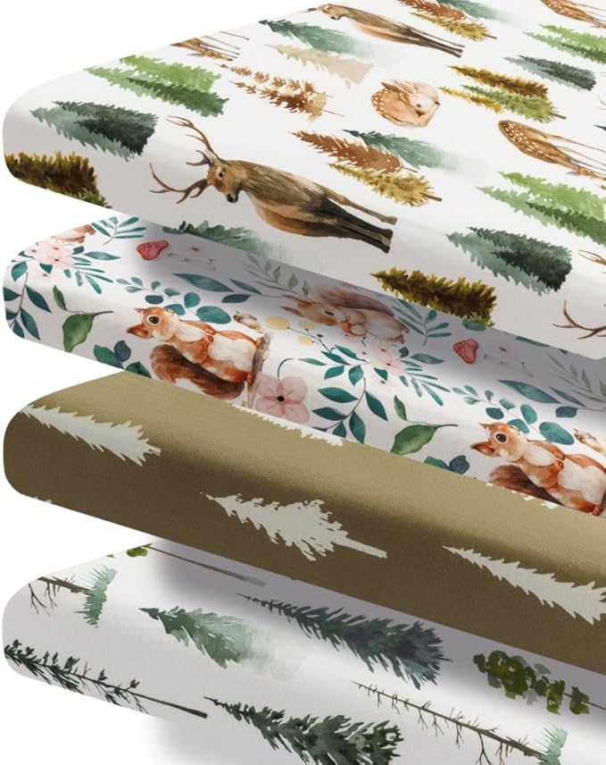 4 Pack N Play Sheets Woodland Forest Animals Wood Neutral Unisex Fitted Baby N Play Sheets Fitted for Standard Pack and Plays and Mini Cribs Set for Baby Boys or Girls (Cartoon Fox)