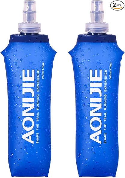 Azarxis Soft Flask Collapsible Water Bottle Running Soft Gel Flask Reservoir Handheld Folding TPU 250 500ml for Hydration Pack Hiking Cycling Climbing (500ml/16.9oz - 2 Pack)