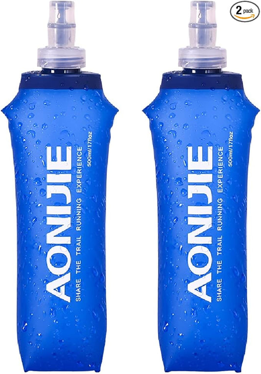 Azarxis Soft Flask Collapsible Water Bottle Running Soft Gel Flask Reservoir Handheld Folding TPU 250 500ml for Hydration Pack Hiking Cycling Climbing (500ml/16.9oz - 2 Pack)