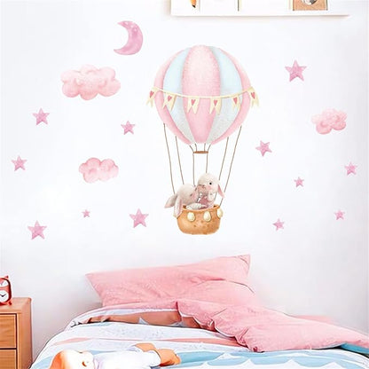 Pink Cloud Hot Air Balloon Rabbit Wall Decal Cute Bunny Moon and Stars Wall Stickers Baby Girls Room Nursery Decor