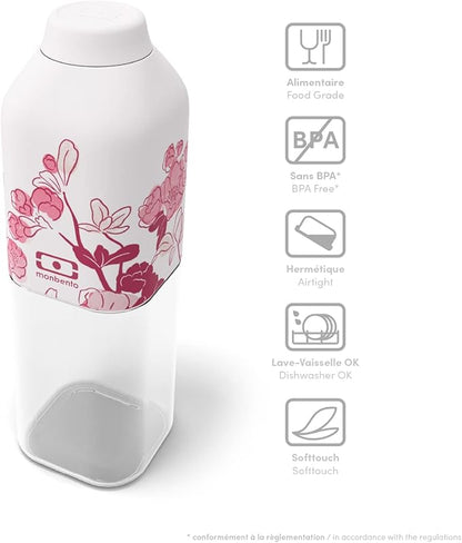 monbento - Clear Reusable Water Bottle MB Positive M graphic Magnolia - 17 floz/500 ml Water Bottle Perfect for Work, Travel, Sport, Picnic - Compact, Leakproof BPA Free Water Bottle - Pink Flowers
