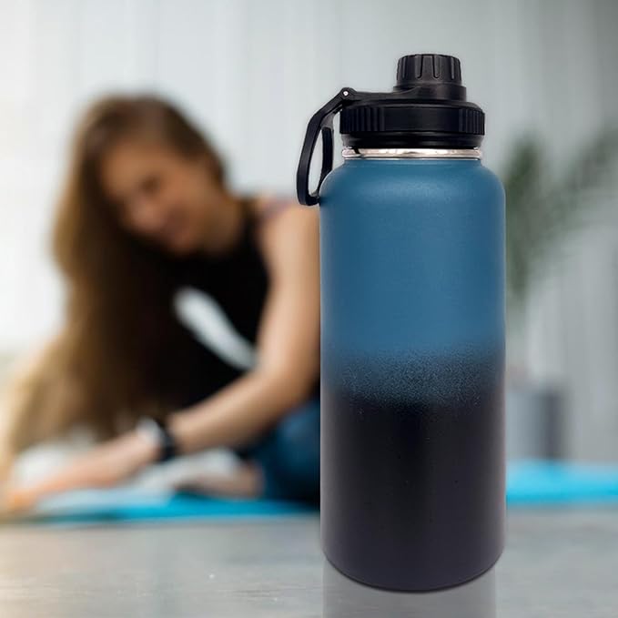 4pack 32 oz Insulated Water Bottle With Straw, Stainless Steel Sports Water Cup Flask with 2 Lids, Wide Mouth Travel Thermal Mug,Navy Black