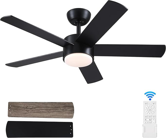 42 inch Black Ceiling Fan with Light Remote Control, LED Ceiling Fans with Lights, 3-Colors Dimmable, Reversible, Modern Ceiling Fan for Bedroom, Dining Room, Living Room