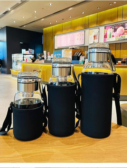 32OZ Borosilicate Glass Infuser Water Bottle,Glass Tea Tumbler with Strainer and Anti-slip Sleeve, Sport Water Bottles for Gym Hiking Camping