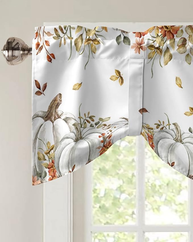 Fall Floral Leaves Blackout Tie Up Valance Curtains for Kitchen Windows Thanksgiving Pumpkins Window Toppers Balloon Shades for Living Room/Bathroom/Bedroom,1 Panel,42" X 12" Boho