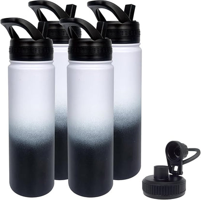 4pack 22 oz Insulated Water Bottle With Straw, Stainless Steel Sports Water Cup Flask with 2 Lids, Wide Mouth Travel Thermal Mug,Black white