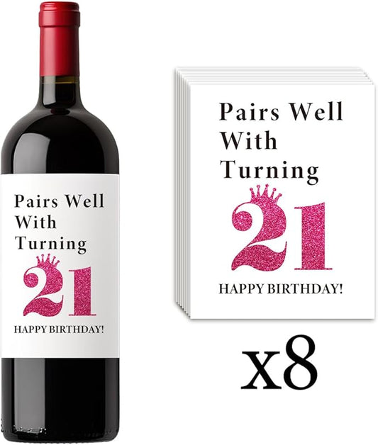 8 Pcs 21st Birthday Gifts for Her Him Wine Labels, 21 Year Old Birthday Gifts for Her Women Men Wine Bottle Stickers, Happy 21st Birthday Party Decorations for Her Him Wine Bottle Labels