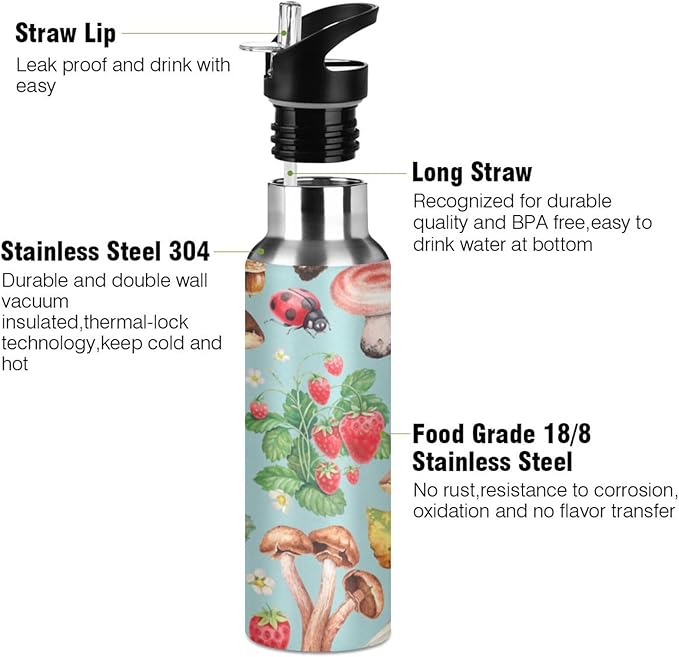 Alaza Summer Ladybug Strawberry Mushroom Water Bottle With Straw Lids Boys Girls,Vacuum Insulated Leakproof Stainless-Steel Sports Bottle Thermal Flask For Gym Yoga Camping,20Oz (600Ml)