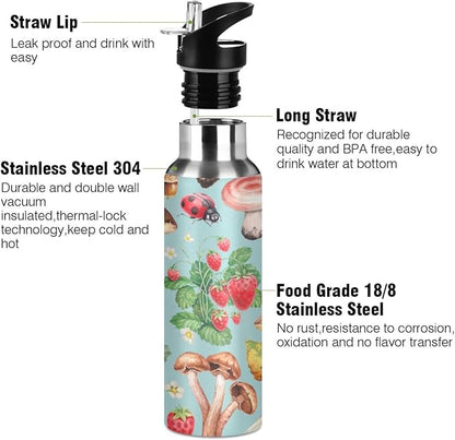 Alaza Summer Ladybug Strawberry Mushroom Water Bottle With Straw Lids Boys Girls,Vacuum Insulated Leakproof Stainless-Steel Sports Bottle Thermal Flask For Gym Yoga Camping,20Oz (600Ml)