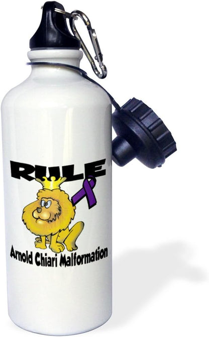 3dRose Rule Arnold Chiari Malformation Awareness Ribbon Cause Design Sports Water Bottle, 21 oz, White