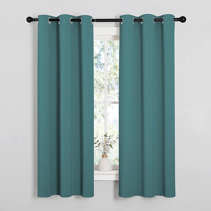 NICETOWN Kitchen Curtain Panels Blackout Draperies, Thermal Insulated Solid Grommet Blackout Curtains/Drapes (Sea Teal, One Pair, 34 by 63-Inch)