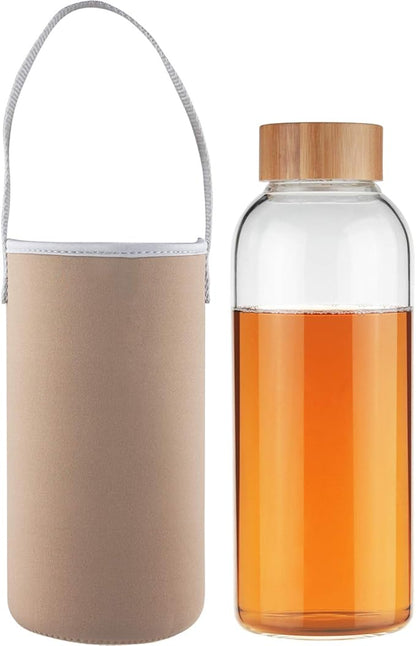 48 oz Sports Borosilicate Glass Water Bottle with Bamboo Lid with Neoprene Sleeve