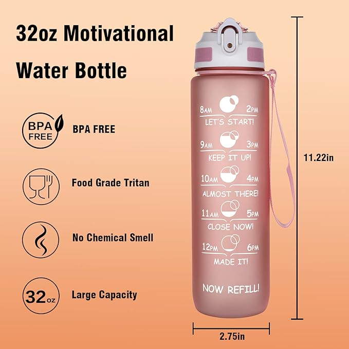 Prometheuz 32oz Water Bottle with Straw, Motivational Water Bottle with Time Marker, Water Bottles Leakproof & BPA-Free for Sports, Work and Fitness Rose Gold