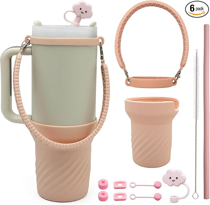 Accessories Set for Stanley 40oz including 6PCS Silicone Spill Proof Stopper 1PCS Straw Cover 1 PCS Siliconce Boot Sleevec 1 PCS Silicone Water Bottle Handle Strap 1PCS Straw & Cleaning Brush