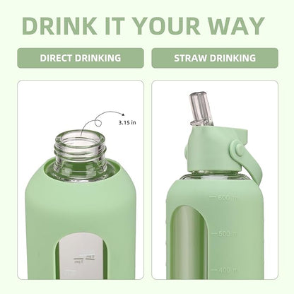 20 oz Glass Water Bottles with Straw Borosilicate Glass Water Bottle with Time Marker Motivational Water Bottles with Silicone Sleeve Leak Proof Reusable BPA Free