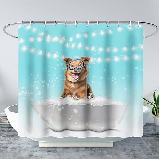 AILONEN 3D Bathtub Dog Shower Curtain for Kids 72" W*78" H Inch,Kawaii Diving Dog Sitting in a Bathtub Shower Curtain,12 Pack Hooks Polyester Waterproof Fabric Decor for Bathroom Bathtub Panels