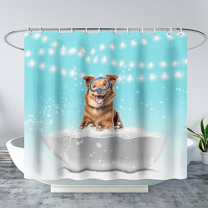 AILONEN 3D Bathtub Dog Shower Curtain for Kids 72" W*96" H Inch,Kawaii Diving Dog Sitting in a Bathtub Shower Curtain,12 Pack Hooks Polyester Waterproof Fabric Decor for Bathroom Bathtub Panels