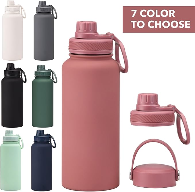 Smoky Pink 32 OZ Insulated Water Bottle, Large Metal Insulated Stainless Steel Water Flask, Big Sports Travel Water Bottle with 2 Lids, Insulated Thermos Thermal Mug Cup