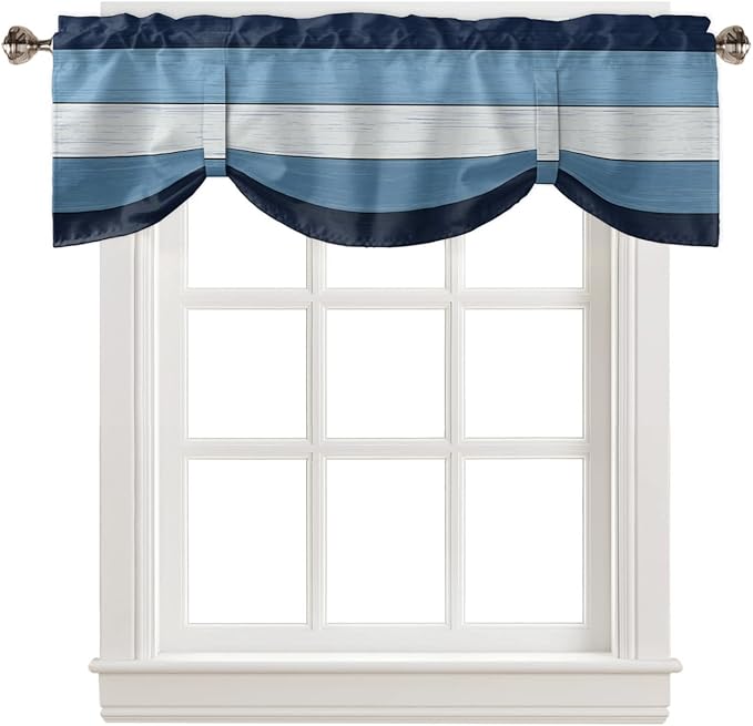 Farmhouse Blackout Tie Up Valance Curtains for Kitchen Windows,Navy Sky Blue White Window Toppers Balloon Shades for Living Room/Bathroom/Bedroom,1 Panel,42" X 18" Retro Rustic Barn Wood Texture