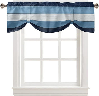 Farmhouse Blackout Tie Up Valance Curtains for Kitchen Windows,Navy Sky Blue White Window Toppers Balloon Shades for Living Room/Bathroom/Bedroom,1 Panel,42" X 12" Retro Rustic Barn Wood Texture