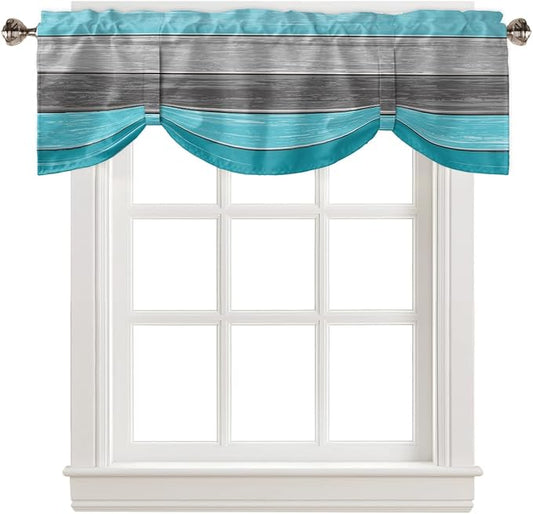 Farmhouse Blackout Tie Up Valance Curtains for Kitchen Windows, Aqua Blue Gray Window Toppers Balloon Shades for Living Room/Bathroom/Bedroom,1 Panel,42" X 18" Retro Rustic Barn Wood Texture