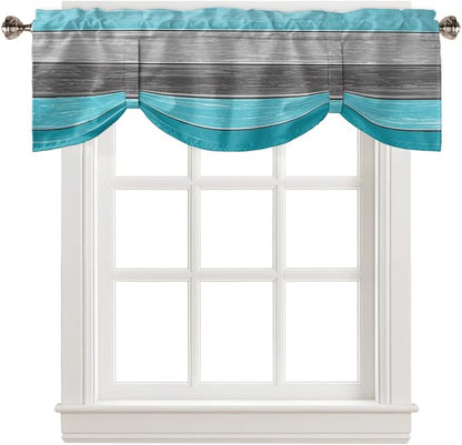 Farmhouse Blackout Tie Up Valance Curtains for Kitchen Windows, Aqua Blue Gray Window Toppers Balloon Shades for Living Room/Bathroom/Bedroom,1 Panel,60" X 18" Retro Rustic Barn Wood Texture