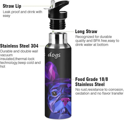 ALAZA Dog Cute Pet Animal Bulldog Water Bottle With Straw Lids Boys Girls,Vacuum Insulated Leakproof Stainless-Steel Sports Bottle Thermal Flask For Gym Yoga Camping,34Oz (1000Ml)