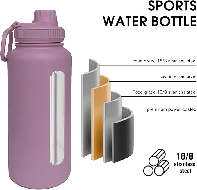 32oz Insulated Water Bottle ，Stainless Steel Sports Water Cup Flask with 2 Lids, Wide Mouth Travel Thermal Mug,Outdoor Sports Bottle（Jelly Purple）