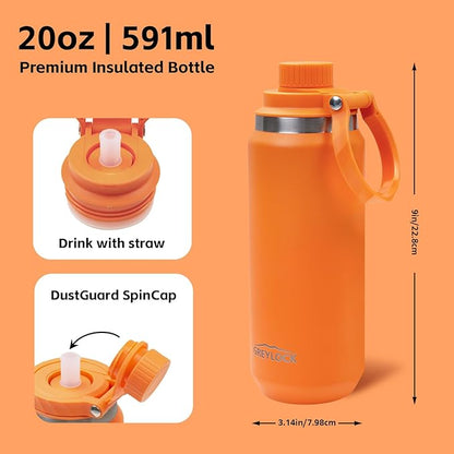 Greylock 20 oz Insulated Stainless Steel Water Bottle with Straw Lid- BPA-Free Leak Proof When Closed, Reusable Metal Water Bottle with Carry Handle for Travel Camping, 24 Hours Cold (Tangerine)