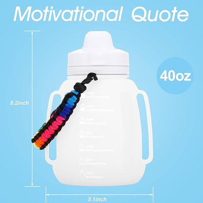 Motivational Collapsible Water Bottle with Straw and Paracord Handle 1.2L 40 OZ Reusable Silicone Sports Water Jug with Time Marker Leakproof Large Water Bottles for Yoga Outdoors