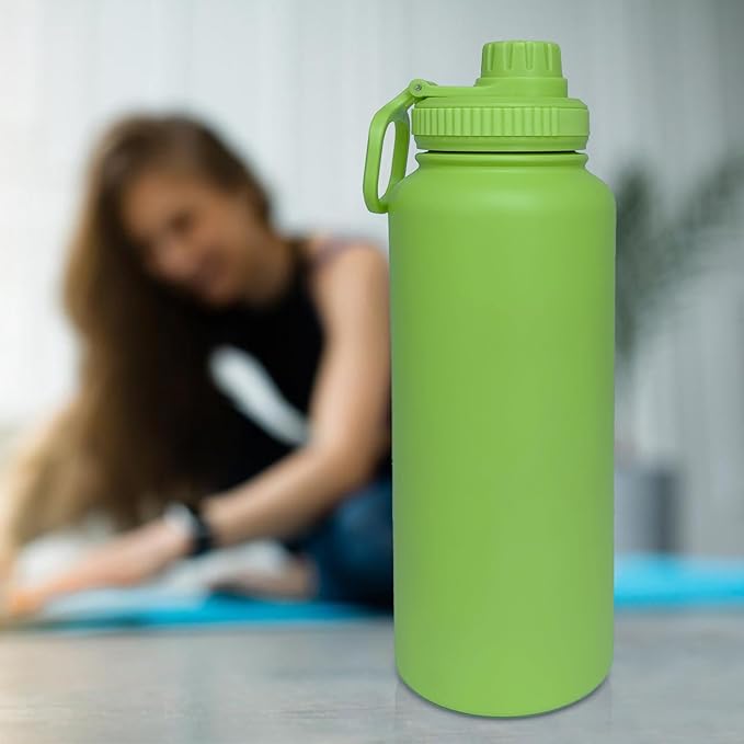 40oz Insulated Water Bottle ，Stainless Steel Sports Water Cup Flask with 2 Lids, Wide Mouth Travel Thermal Mug,Outdoor Sports Bottle（Lemon Green）