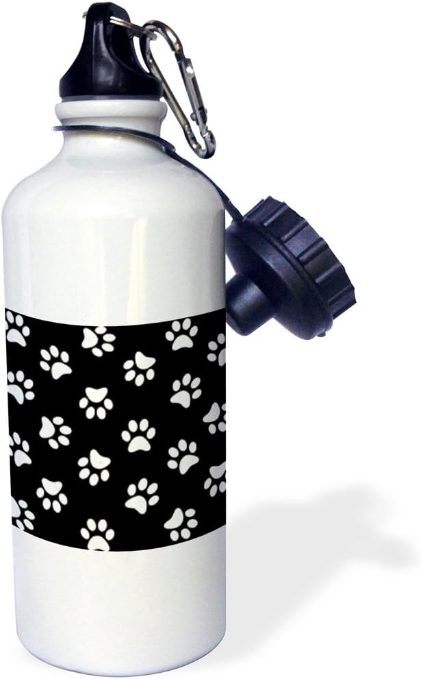 3dRose "Black and white Paw print pattern-pawprints-cute cartoon animal eg dog or cat footprints" Sports Water Bottle, 21 oz, White