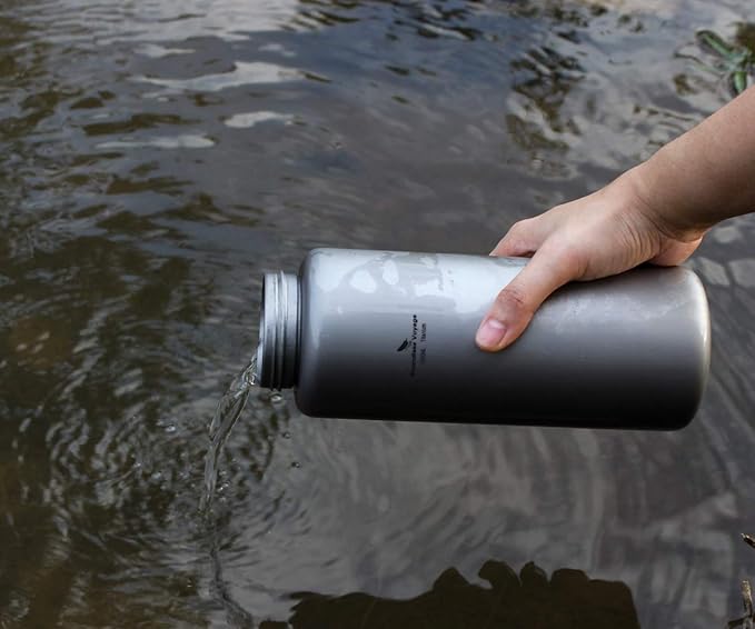 iBasingo 1050ml Titanium Bottle 600ml Nesting Cup Outdoor Camping Single Layer Wide Mouth Cookware Lightweight Portable Bottle Mug Hiking Picnic Solo Cooking Mess Kit