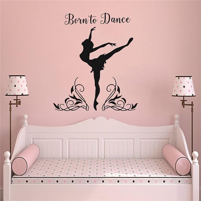 Dance Wall Decor for Girl Room Art Dancer Born to Dance Bedroom Wall Sticker Living Room Wall Decoration Kids Room Wall Decal AFN59 (Black)