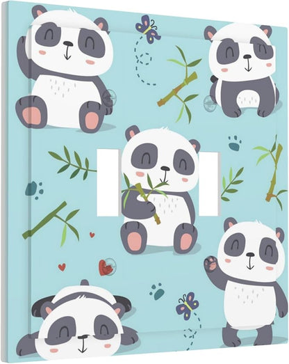 Cartoon Cute Panda Double Toggle Light Switch Covers 2 Gang Wall Plate Dual Decorative Switchplate Electrical Faceplate for Bathroom Country Kitchen Bedroom Decor, 4.9" x 5"