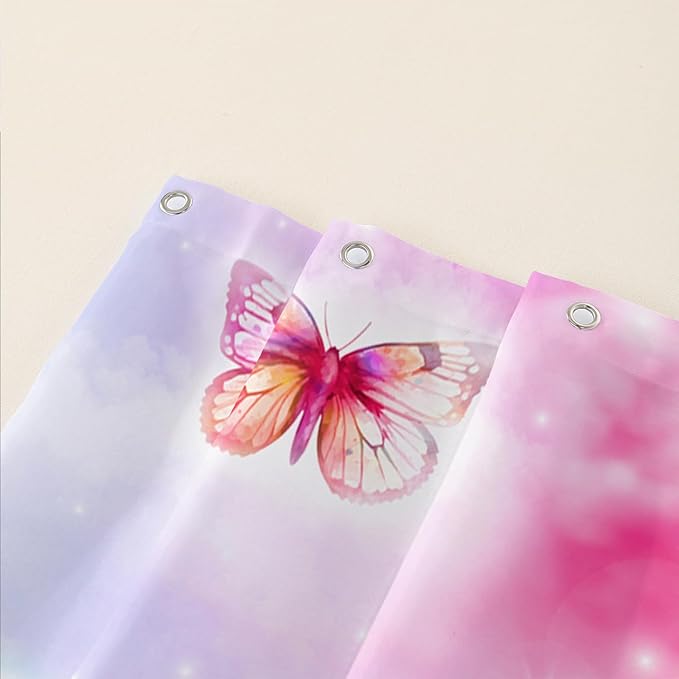 AILONEN Butterflies Shower Curtain Set, Colourful Butterfly Washable Fabric Shower Curtain for Girls,Shining Stars Waterproof Shower Curtain for Pink Lover,72" W*84" H