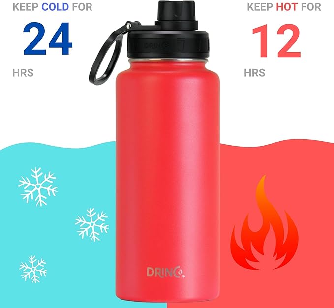 DRINCO Stainless Steel Water Bottle Spout Lid Vacuum Insulated Double Wall Water Bottle Wide Mouth Leak Proof Keep Cold Sport Camping (USA Flag) (32oz Barn Red USA Flag, 32oz)